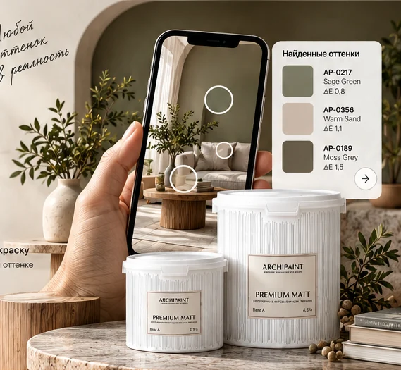 Подбор оттенка ARCHIPAINT по интерьерной фотографии: выбранные точки цвета и фирменные банки краски