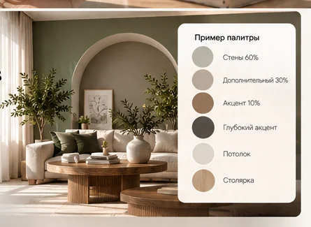 Интерьер в гармоничной природной палитре с распределением цветов по ролям